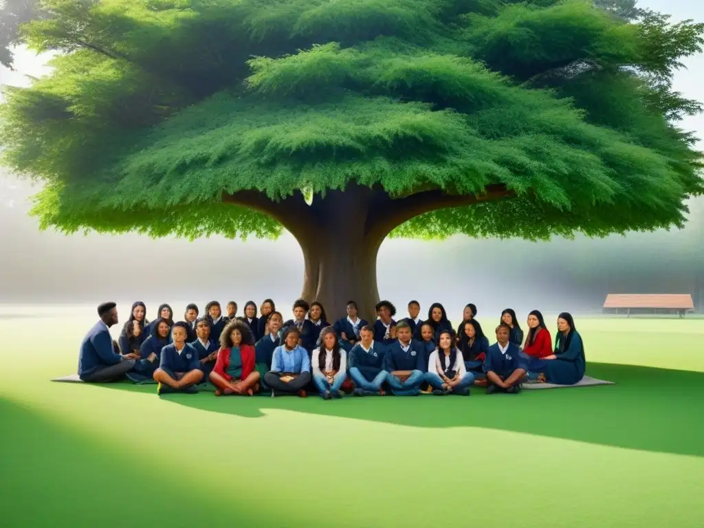 Grupo diverso de estudiantes bajo árbol en escuela ecológica, promoviendo educación inclusiva en Uruguay