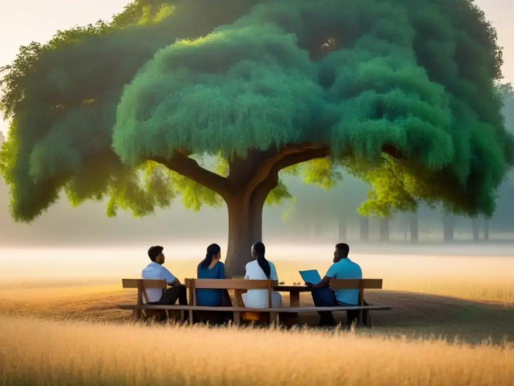 Un grupo diverso de estudiantes estudia bajo un árbol en un entorno rural, fomentando la colaboración y la armonía con la naturaleza