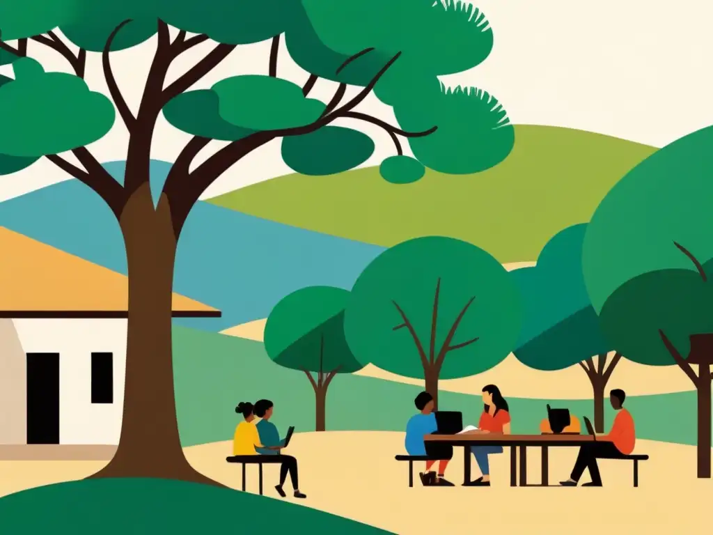 Comunidad educativa en Uruguay: aprendizaje colaborativo bajo un árbol Un grupo diverso de estudiantes aprendiendo bajo un árbol en el sector rural de Uruguay