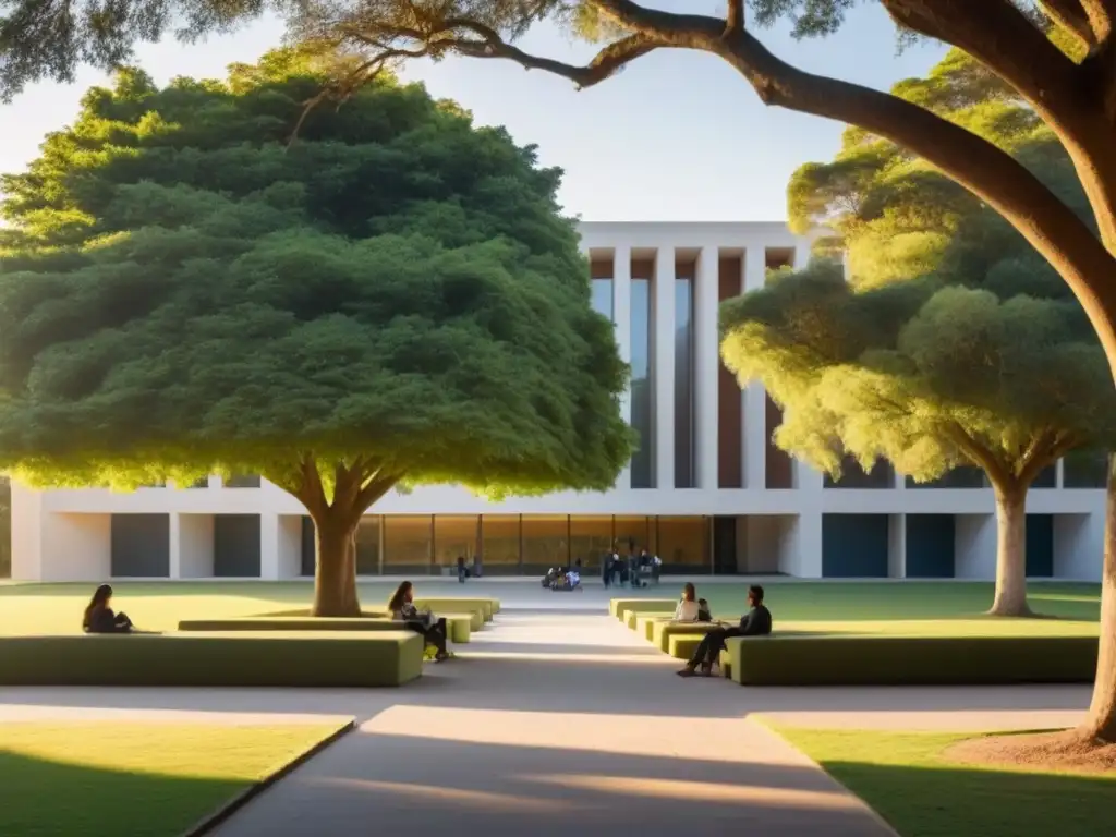Grupo diverso de estudiantes estudian bajo un árbol en la universidad al atardecer en Uruguay, transmitiendo una atmósfera de aprendizaje y comunidad