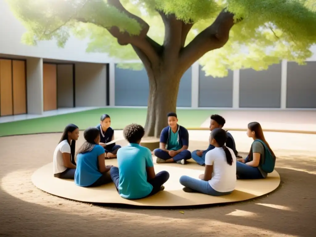 Un grupo diverso de estudiantes colaborando bajo un árbol en un ambiente armonioso en Uruguay