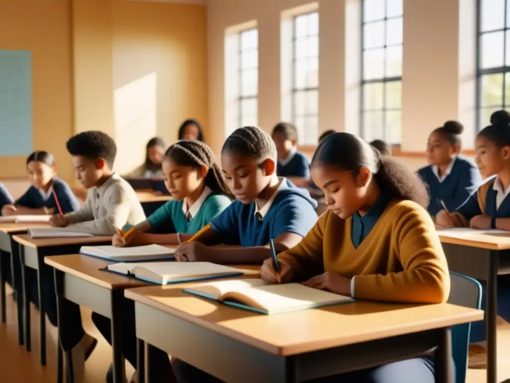 Grupo diverso de estudiantes colaborando en armonía en aula iluminada, impacto inclusión educativa rendimiento académico