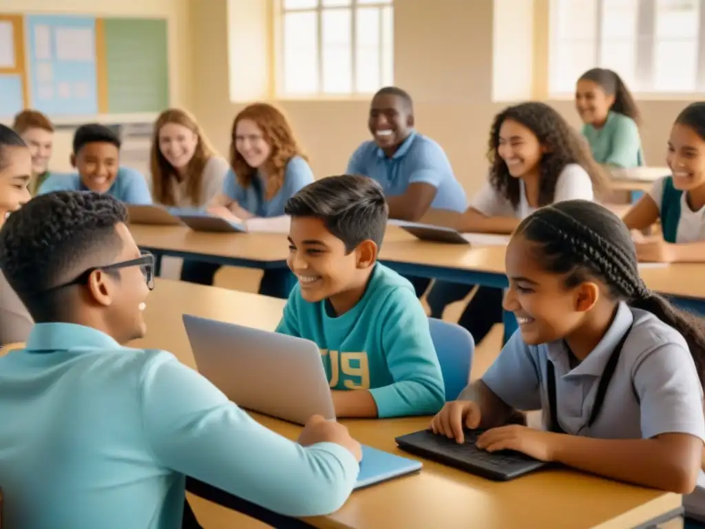 Estudiantes diversos colaboran en aula inclusiva en Uruguay Un grupo diverso de estudiantes trabajando en armonía en aulas inclusivas en Uruguay