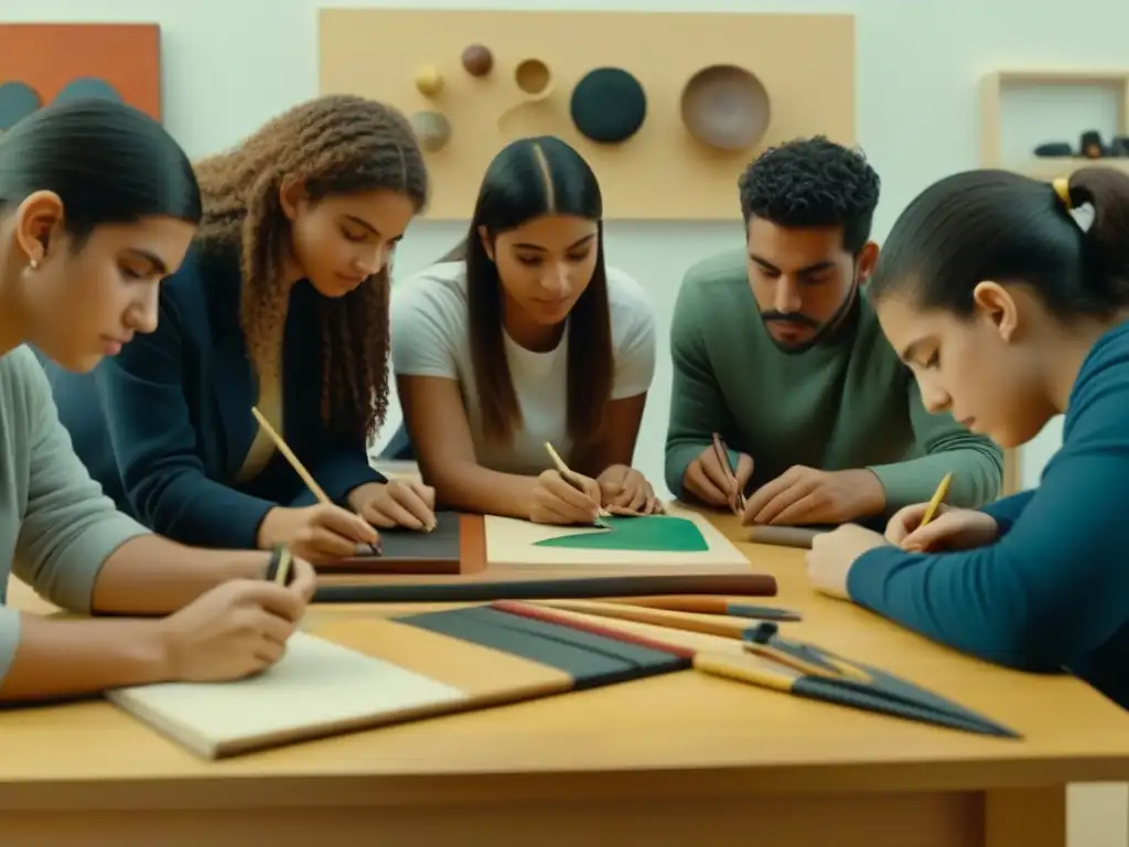 Grupo diverso de estudiantes de Uruguay creando arte único, reflejando la diversidad cultural en educación