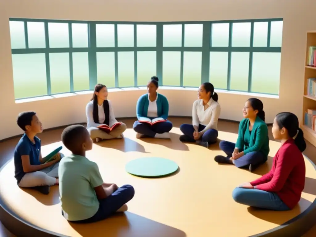 Grupo diverso de estudiantes atentos al storytelling en clase de idiomas, creando comunidad educativa