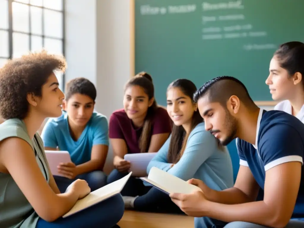 Un grupo diverso de estudiantes de Uruguay colaborando en un aula, mostrando resiliencia estudiantil en Uruguay