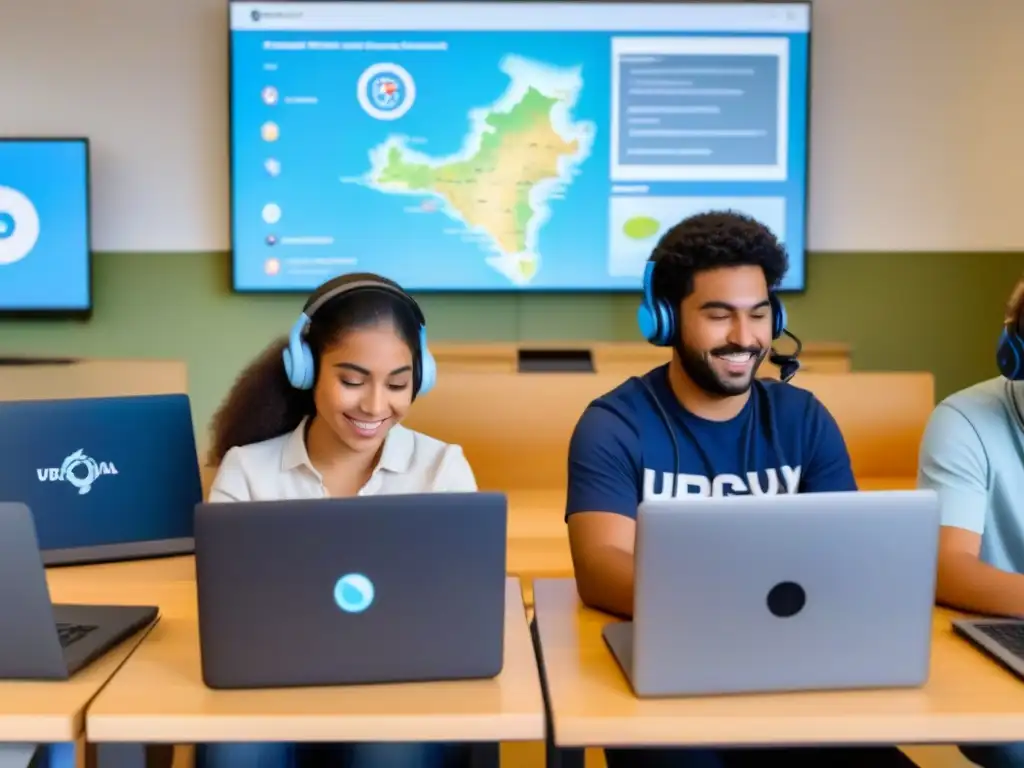 Grupo diverso de estudiantes en aula virtual con tecnologías educativas en Uruguay