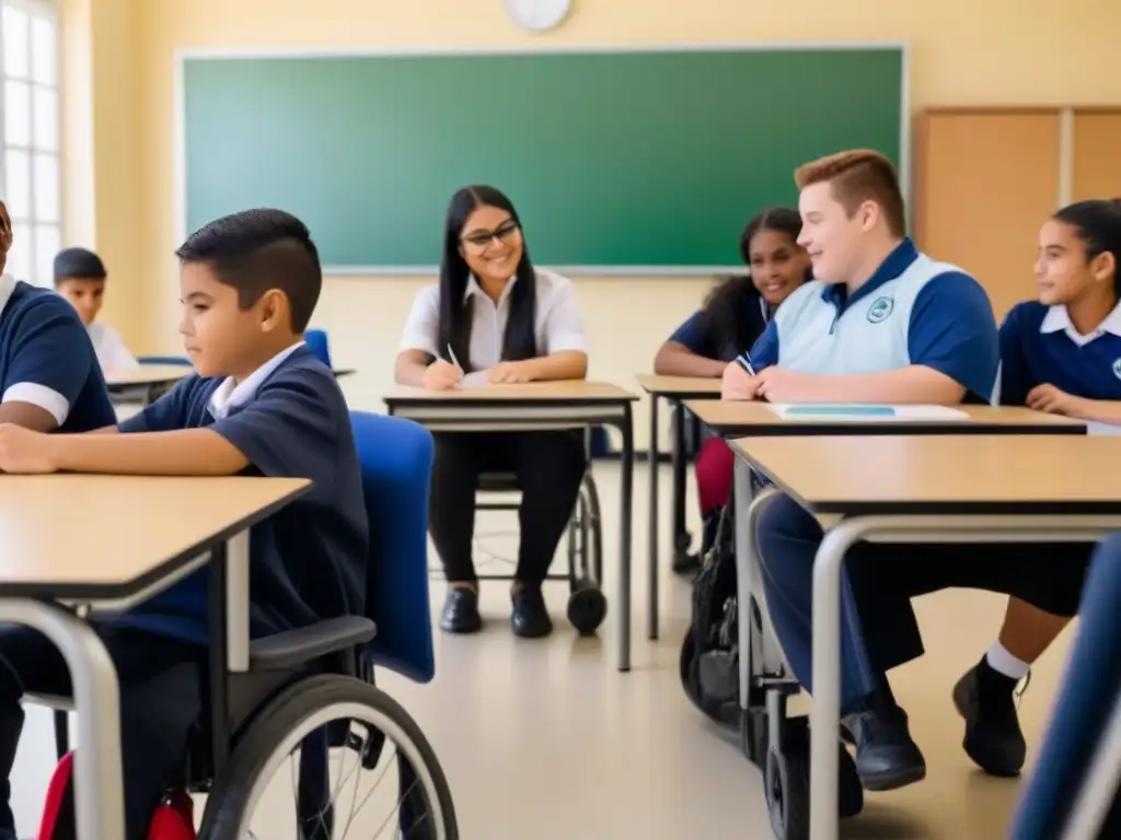 Grupo diverso de estudiantes en aula inclusiva de Uruguay, usando tecnologías asistivas para aprender juntos