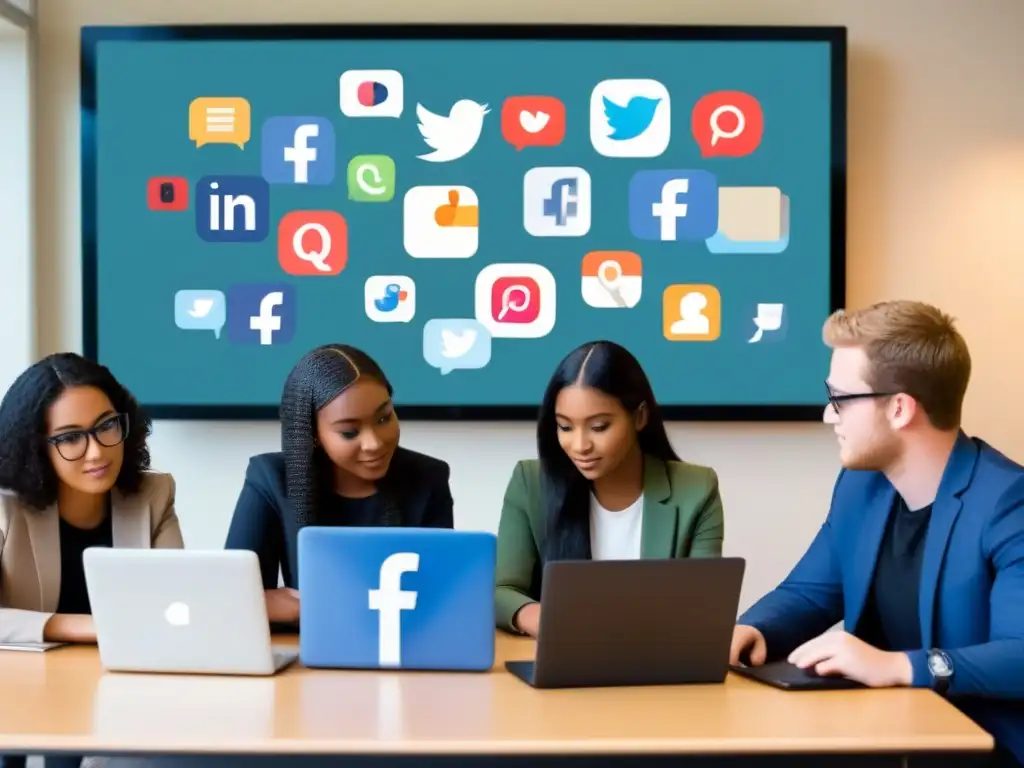 Grupo diverso de estudiantes en aula, trabajando con tecnología y redes sociales educación Uruguay