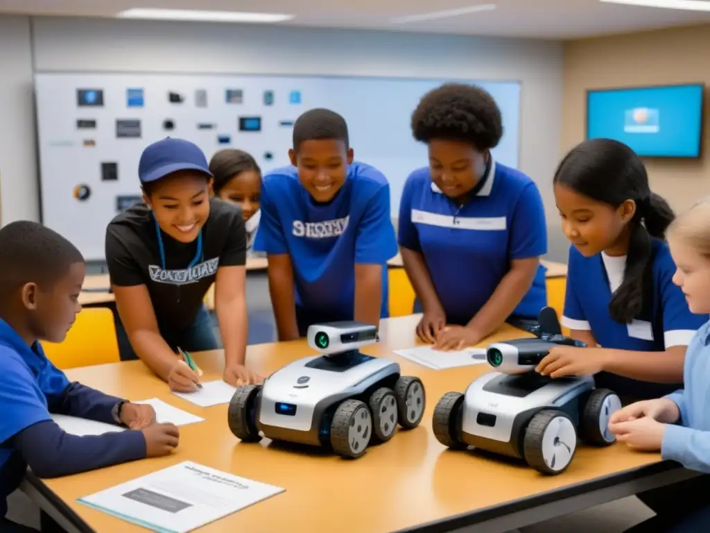 Grupo diverso de estudiantes en aula moderna, interactuando con robots educativos