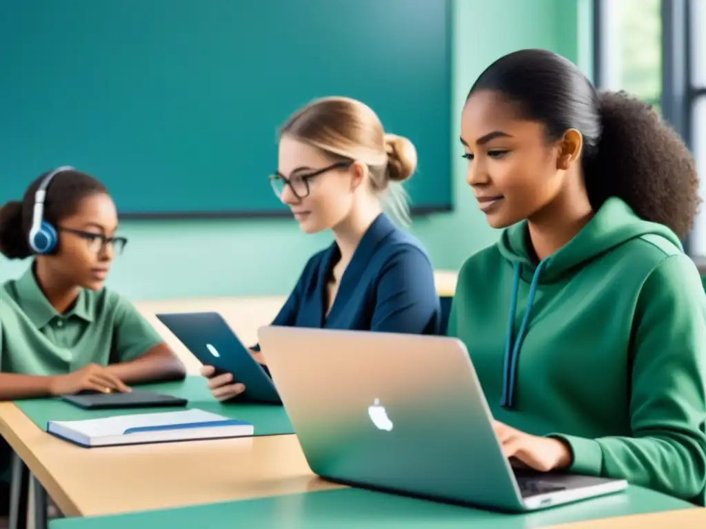 Grupo diverso de estudiantes en aula ética, colaborativa, con tecnología