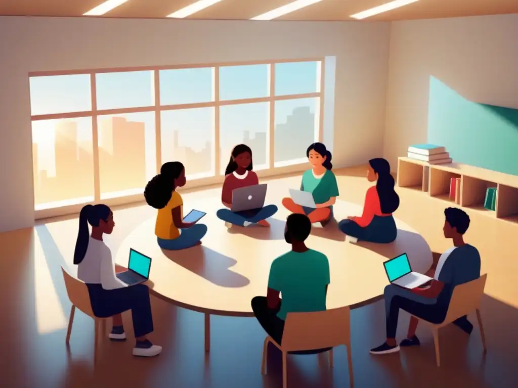 Un grupo diverso de estudiantes colaborando en un aula moderna iluminada por la luz del sol
