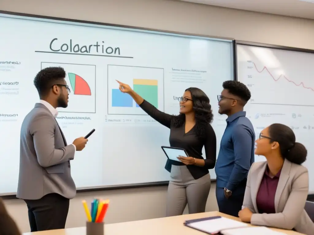 Grupo diverso de estudiantes colaborando en aula, con gráficos y conceptos educativos en pizarra