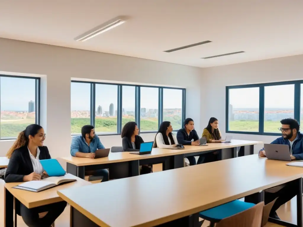 Grupo diverso de estudiantes colaborando en aula moderna en Uruguay, con dispositivos digitales y libros