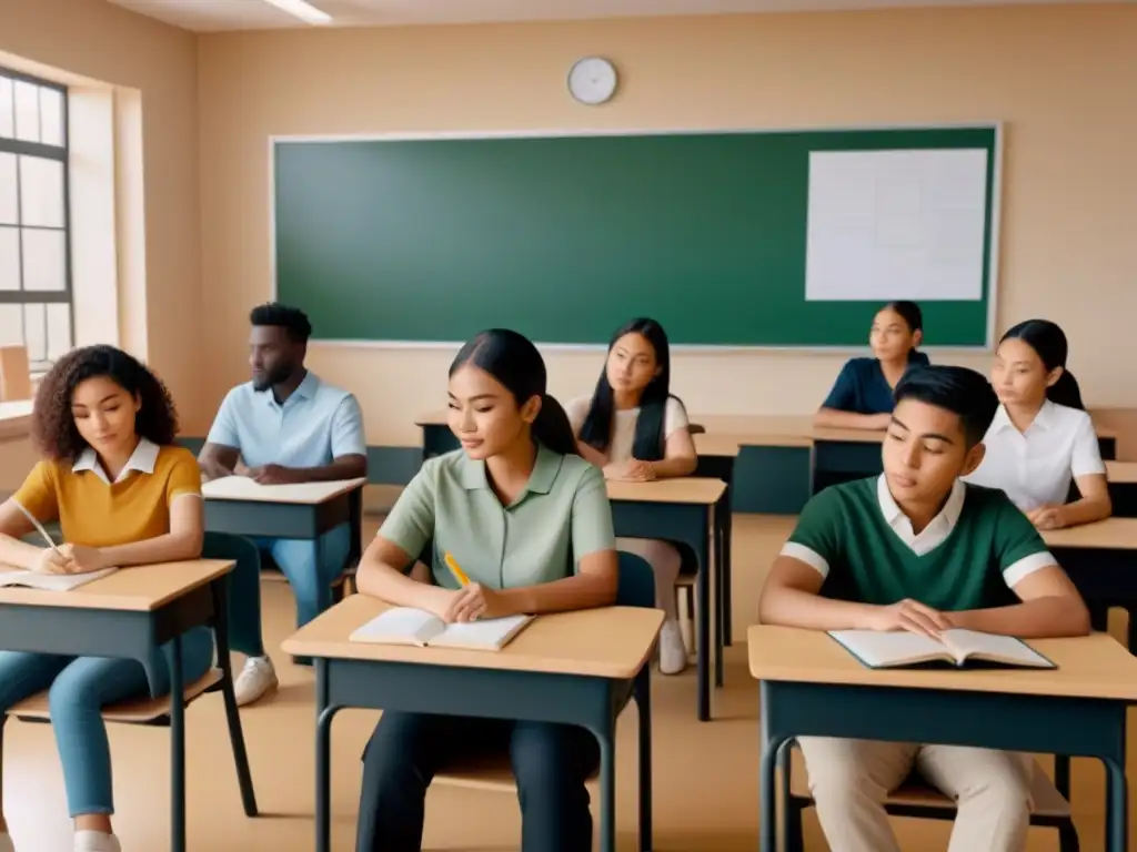 Grupo diverso de estudiantes en aula colaborativa con lección bilingüe