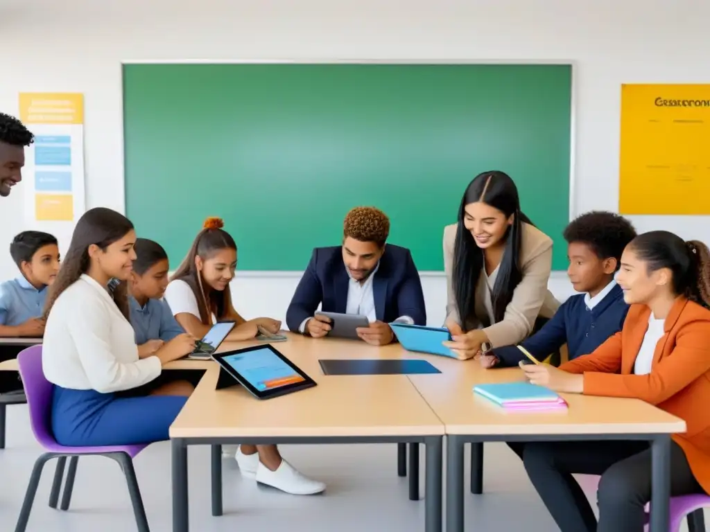 Grupo diverso de estudiantes colaborando con tablets en aula moderna en Uruguay