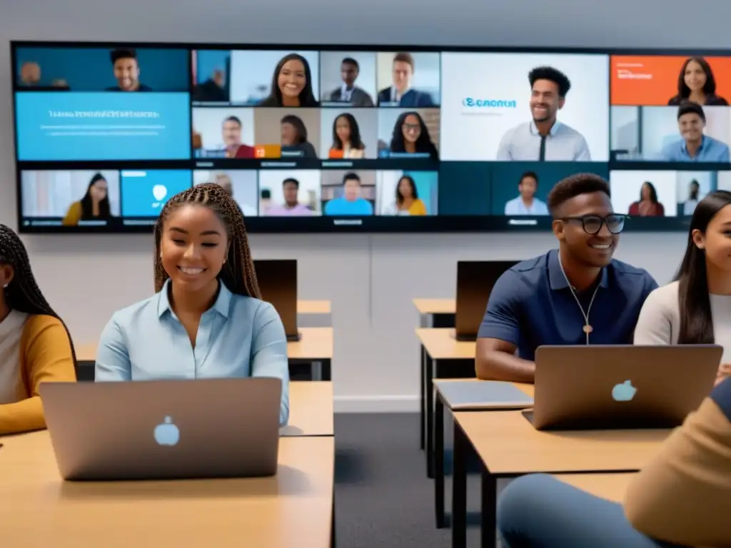 Grupo diverso de estudiantes en aula virtual moderna con pantallas digitales