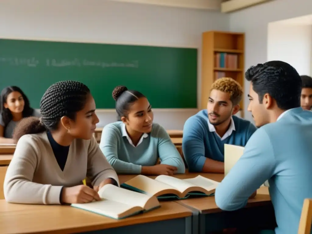 Grupo diverso de estudiantes en Uruguay colaborando en aula