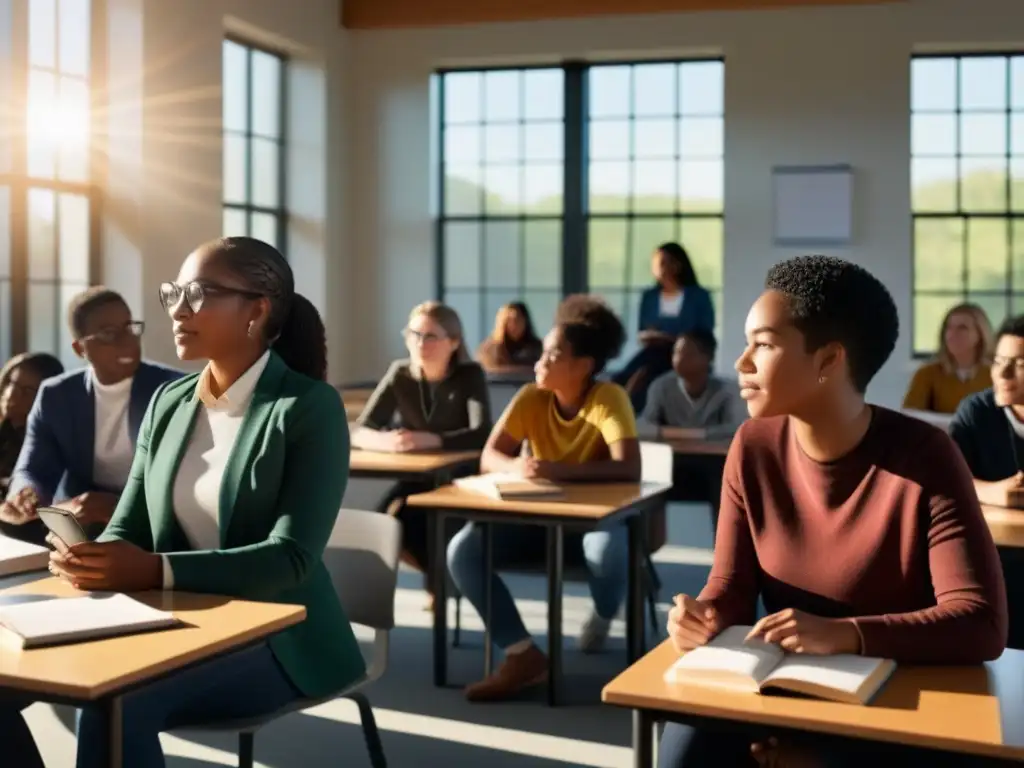 Grupo diverso de estudiantes en aula moderna, discutiendo animadamente