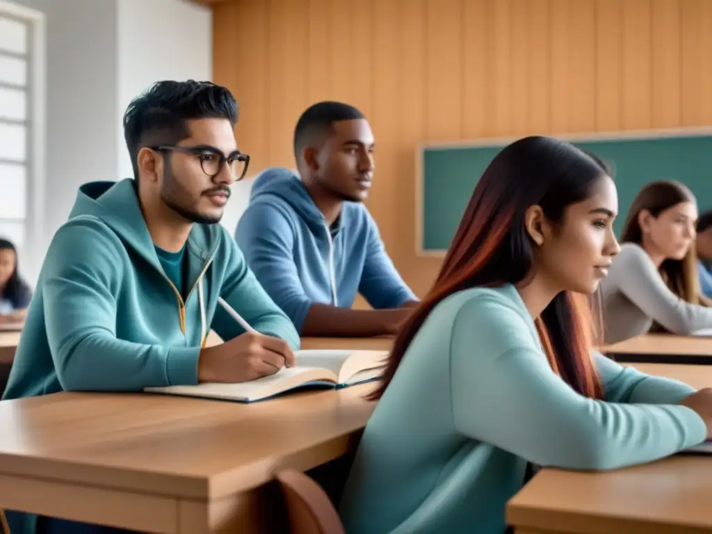 Un grupo diverso de estudiantes colabora en un aula moderna en Uruguay, resaltando las inversiones educativas en Uruguay