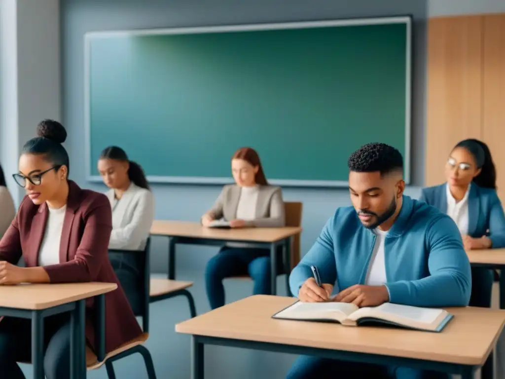 Grupo diverso de estudiantes en aula moderna, fomentando el Diseño universal para el aprendizaje en Uruguay