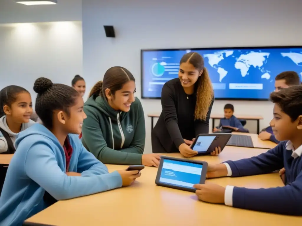 Grupo diverso de estudiantes en aula tecnológica avanzada de Uruguay, usando dispositivos móviles para aprender