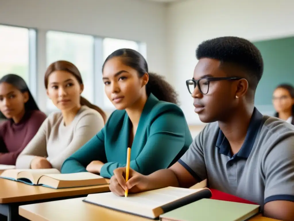 'Grupo diverso de estudiantes debatiendo en aula moderna: Diversidad cultural en educación Uruguay'