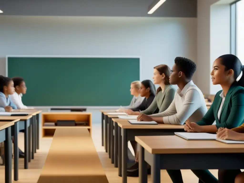 Grupo diverso de estudiantes en aula moderna, reforma educativa Uruguay crecimiento económico