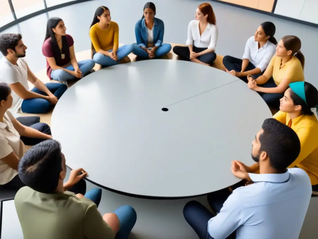 Grupo diverso de estudiantes discuten en aula moderna, mostrando colaboración y unidad