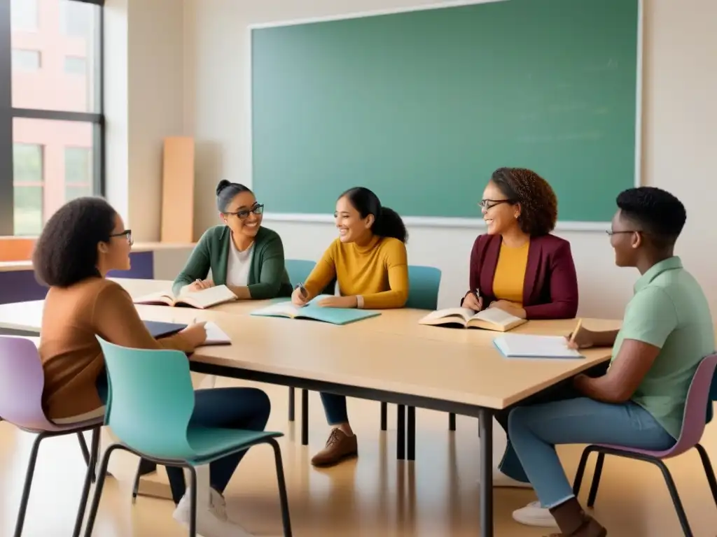 Grupo diverso de estudiantes debatiendo en aula moderna, fomentando la inclusión y el aprendizaje