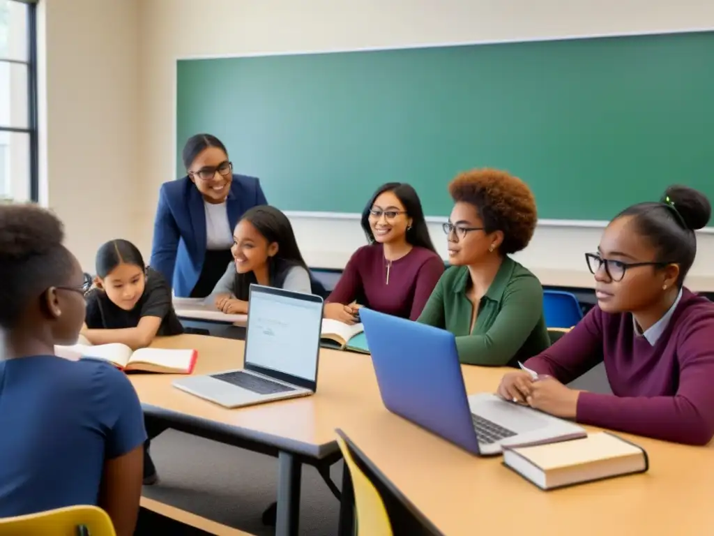 Un grupo diverso de estudiantes colabora en un aula, mostrando productividad y trabajo en equipo, reflejando un ambiente inclusivo