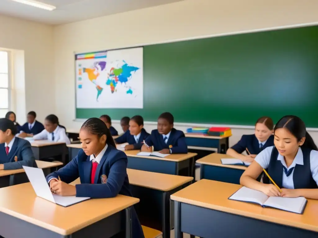 Colaboración internacional en aula de Uruguay Un grupo diverso de estudiantes colabora en un aula, con expresiones de curiosidad y compromiso