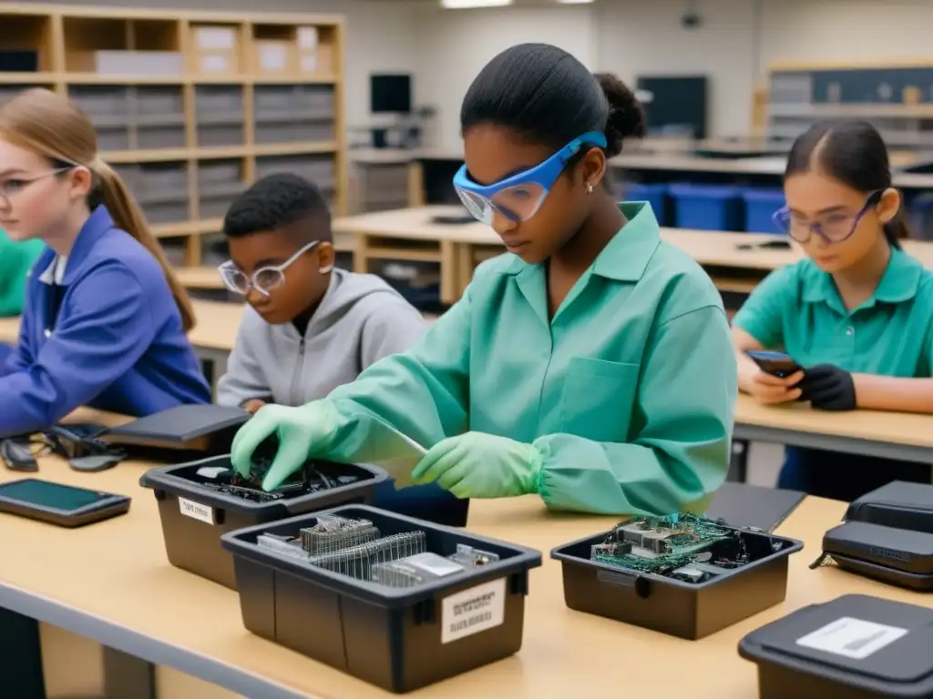 Un grupo diverso de estudiantes en un aula recicla dispositivos electrónicos con enfoque