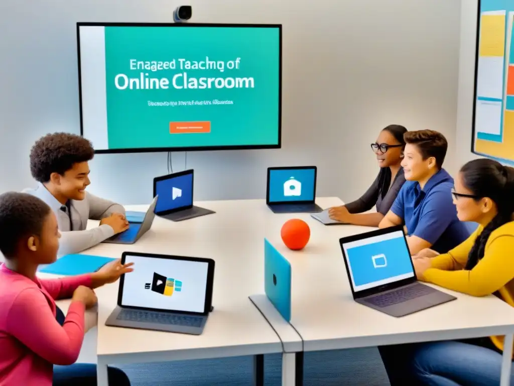 Grupo diverso de estudiantes en aula virtual con Recursos educativos online enseñanza híbrida