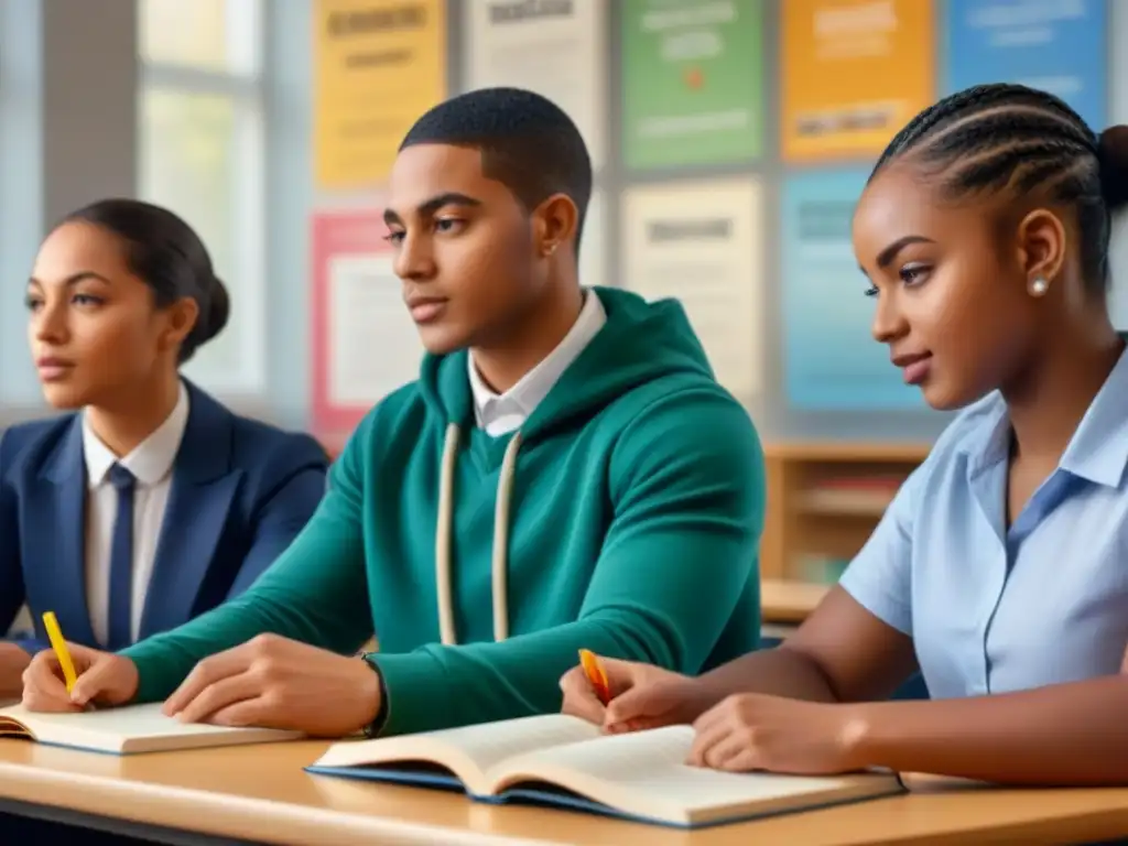 Grupo diverso de estudiantes en aula moderna, leyendo y discutiendo textos inclusivos de género