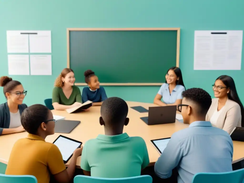 Grupo diverso de estudiantes debatiendo en aula moderna