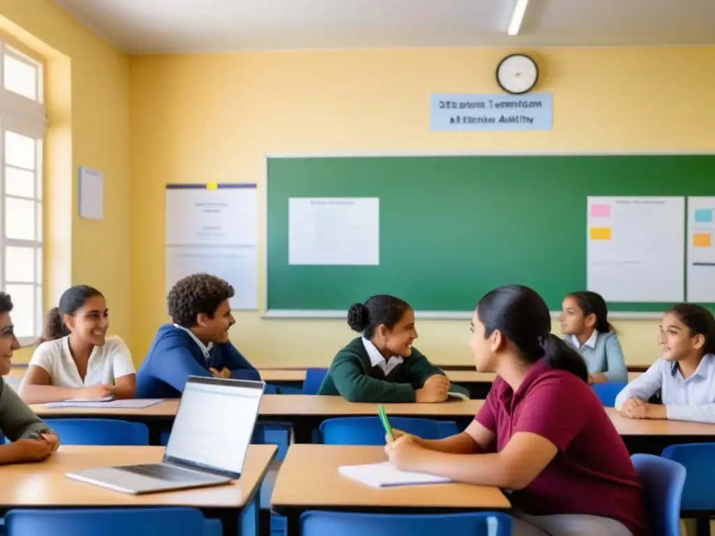 Grupo diverso de estudiantes en aula moderna de Uruguay, colaborando en proyectos