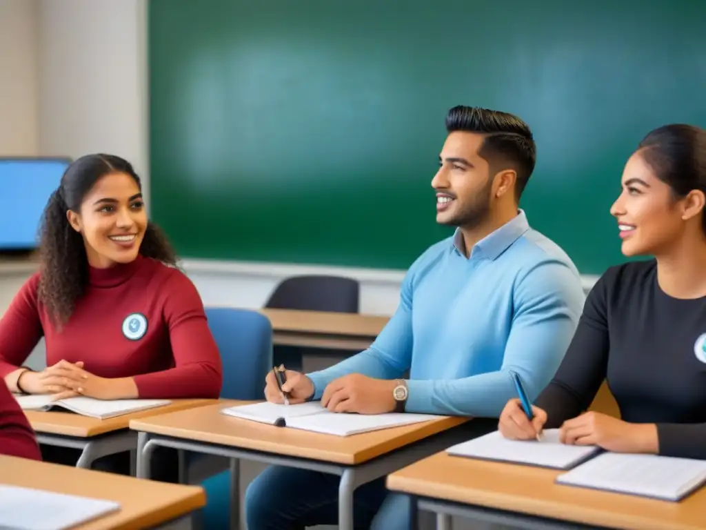 Grupo diverso de estudiantes dialogando en aula moderna con carteles de igualdad de género