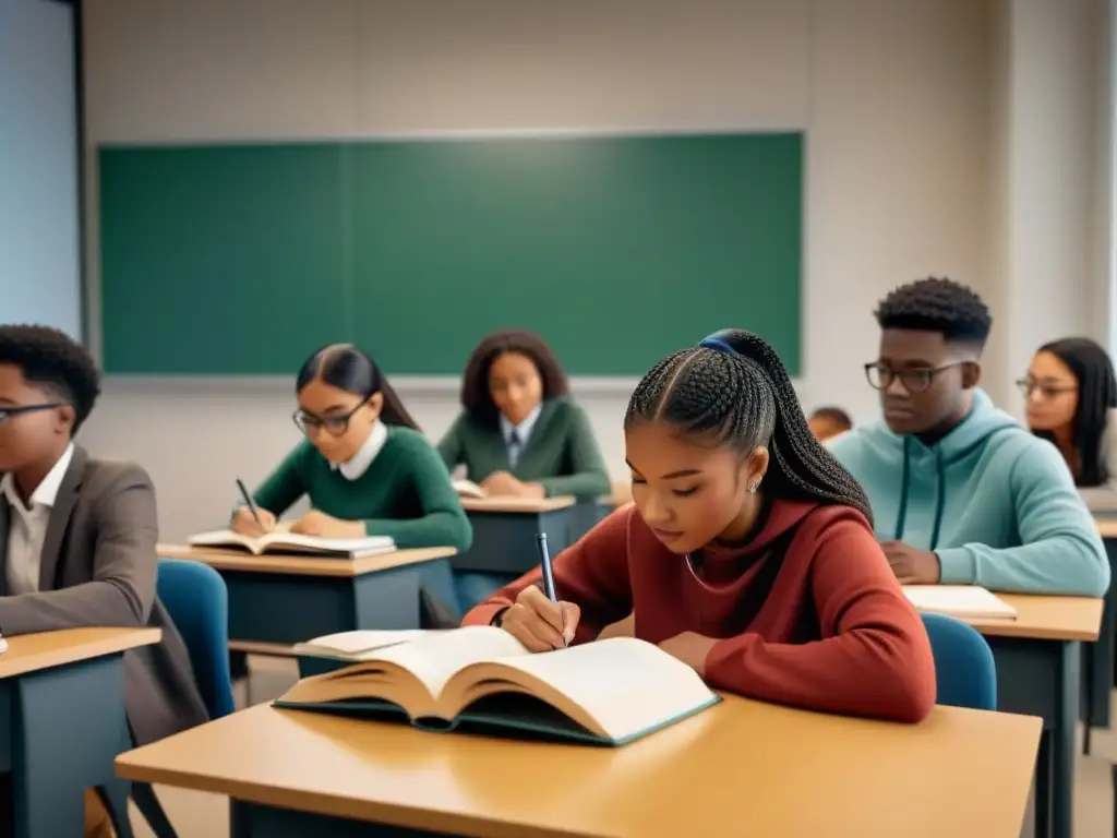 Un grupo diverso de estudiantes colabora en un aula moderna, reflejando la política de becas en Uruguay