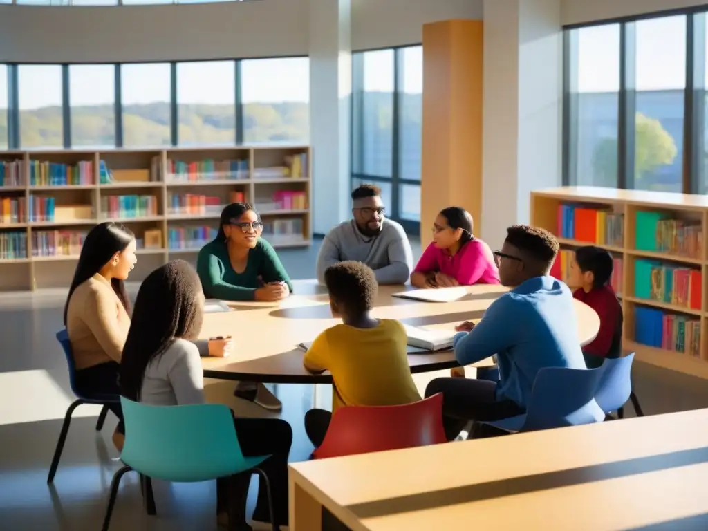 Grupo diverso de estudiantes colaborando en aula moderna con libros y luz natural, fomentando educación superior en Uruguay tendencias