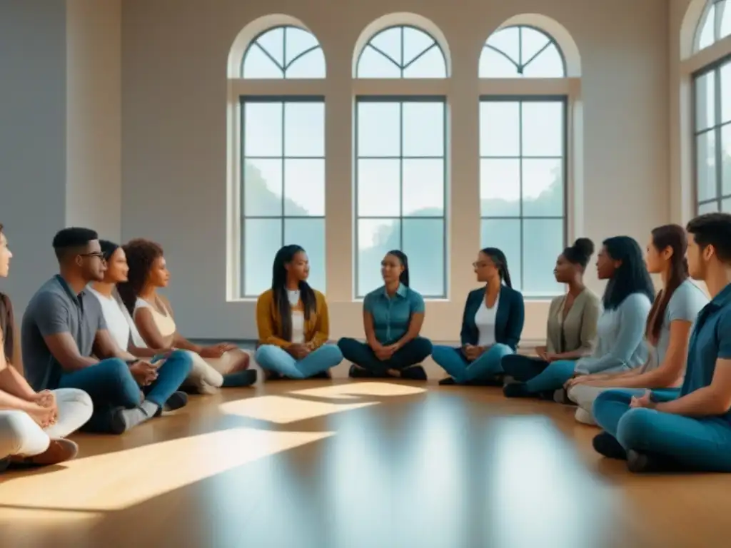 Grupo diverso de estudiantes dialogando en aula inclusiva; reflejo de la interseccionalidad en educación en Uruguay