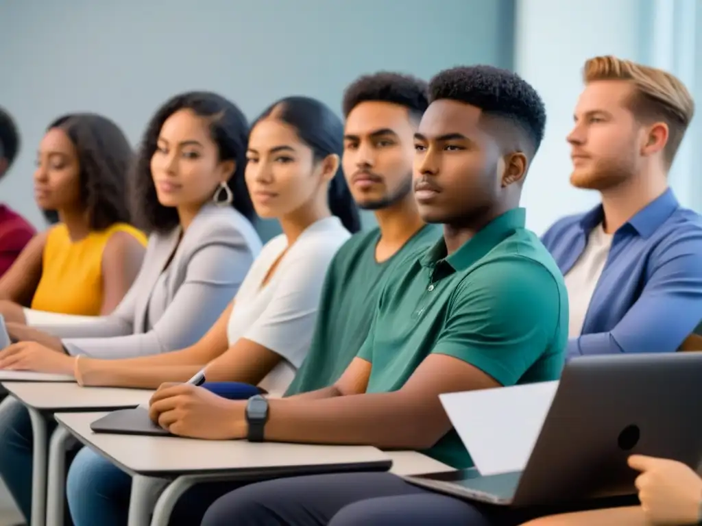 Un grupo diverso de estudiantes colabora con determinación en un aula moderna, simbolizando el acceso equitativo a la educación superior en Uruguay