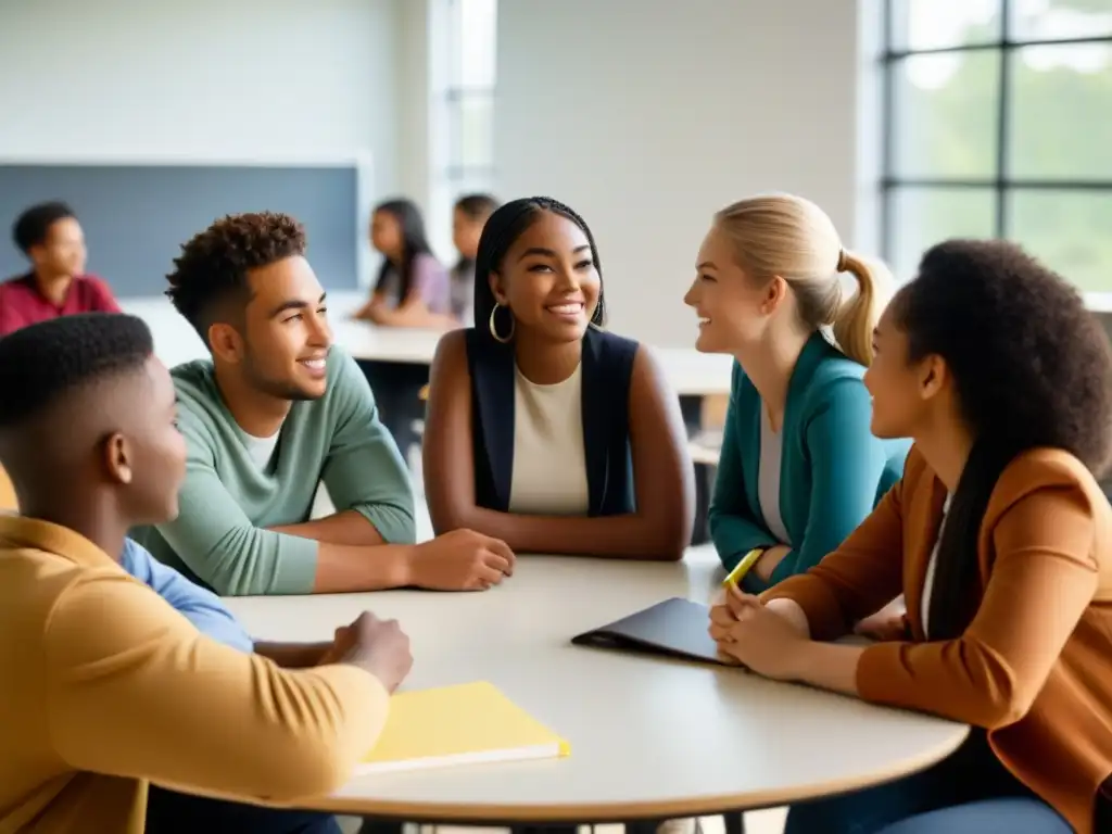 Grupo diverso de estudiantes en aula moderna, colaborando y concentrados