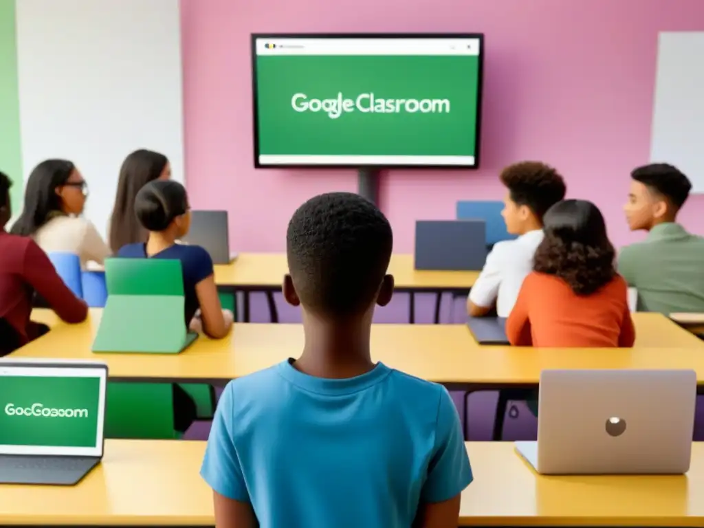 Grupo diverso de estudiantes en aula virtual de Google Classroom en educación Uruguay