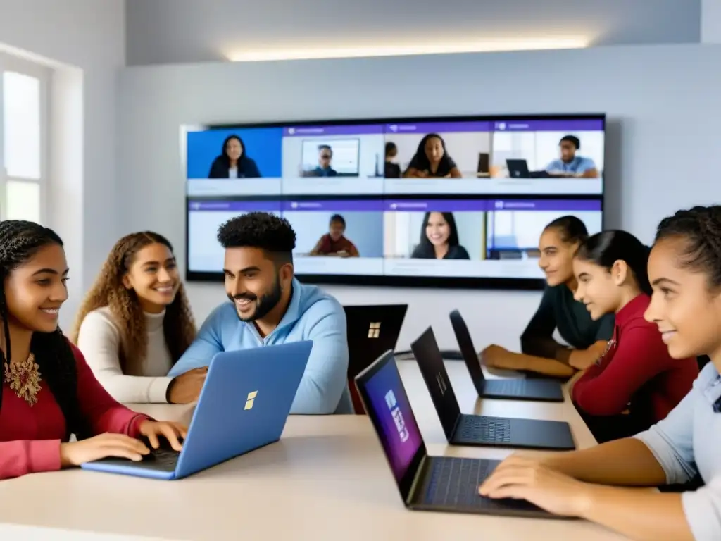 Grupo diverso de estudiantes en aula de Uruguay, usando Microsoft Teams para colaborar en proyecto educativo sobre cultura uruguaya