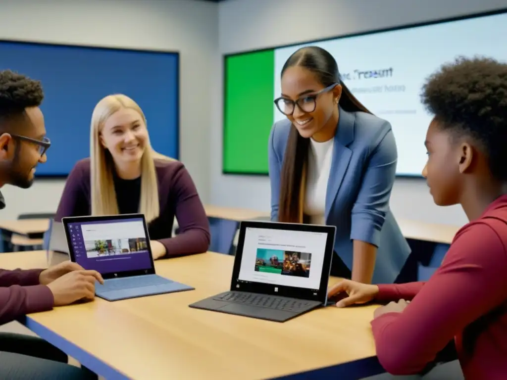 Grupo diverso de estudiantes colaborando en Microsoft Teams en aula educativa en Uruguay