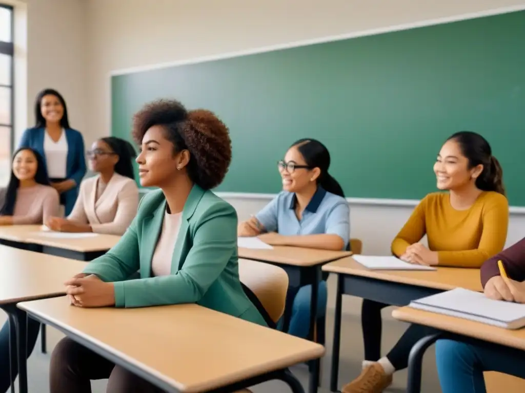 Un grupo diverso de estudiantes colabora en un aula, reflejando inclusión educativa en Uruguay