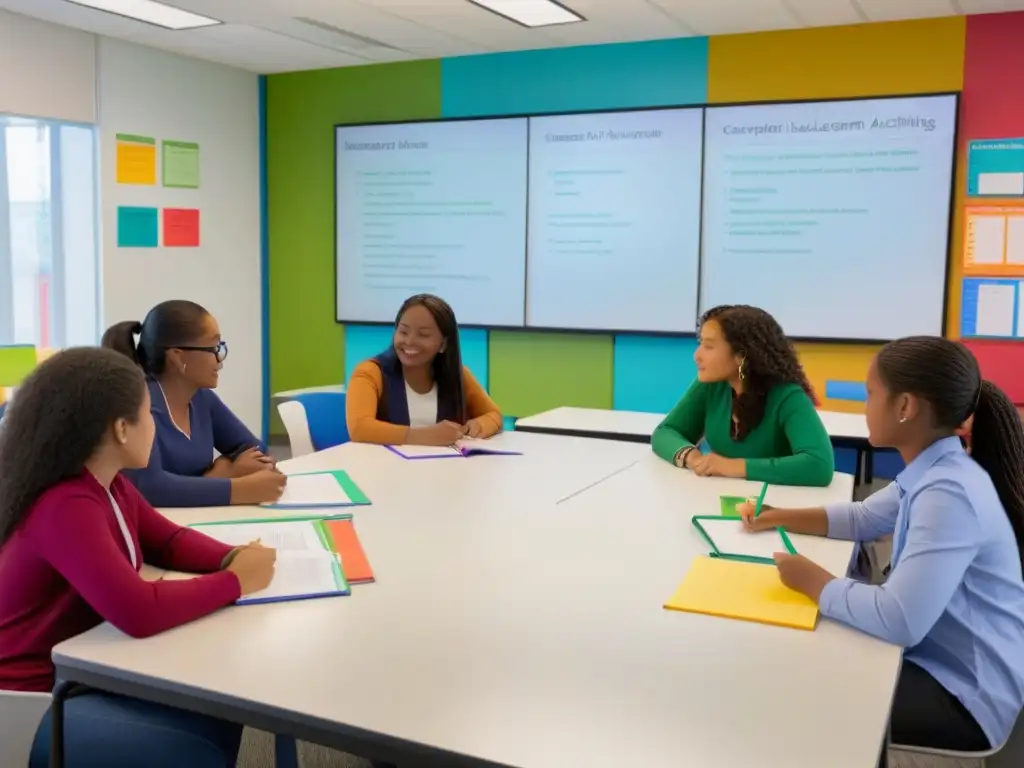 Grupo diverso de estudiantes colaborando en un aula luminosa y moderna