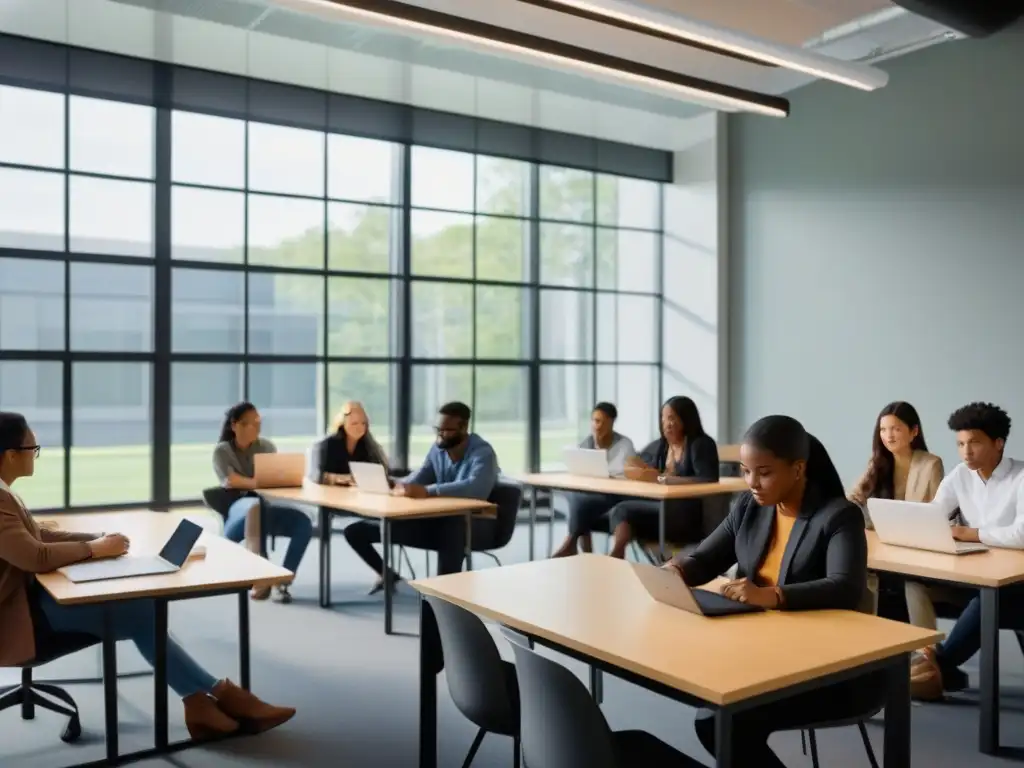 Grupo diverso de estudiantes colaborando en aulas modernas, con tecnología y luz natural