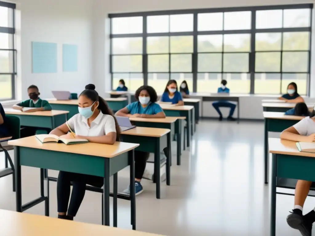 Grupo diverso de estudiantes con barbijos en aulas, mostrando unidad y adaptabilidad